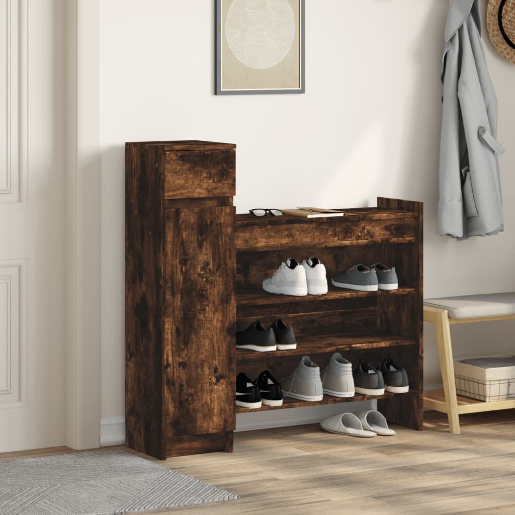 Schoenenkast 100,5x28x100 cm bewerkt hout gerookt eikenkleurig is nu te koop bij PeponiXL, paradijselijk wonen!