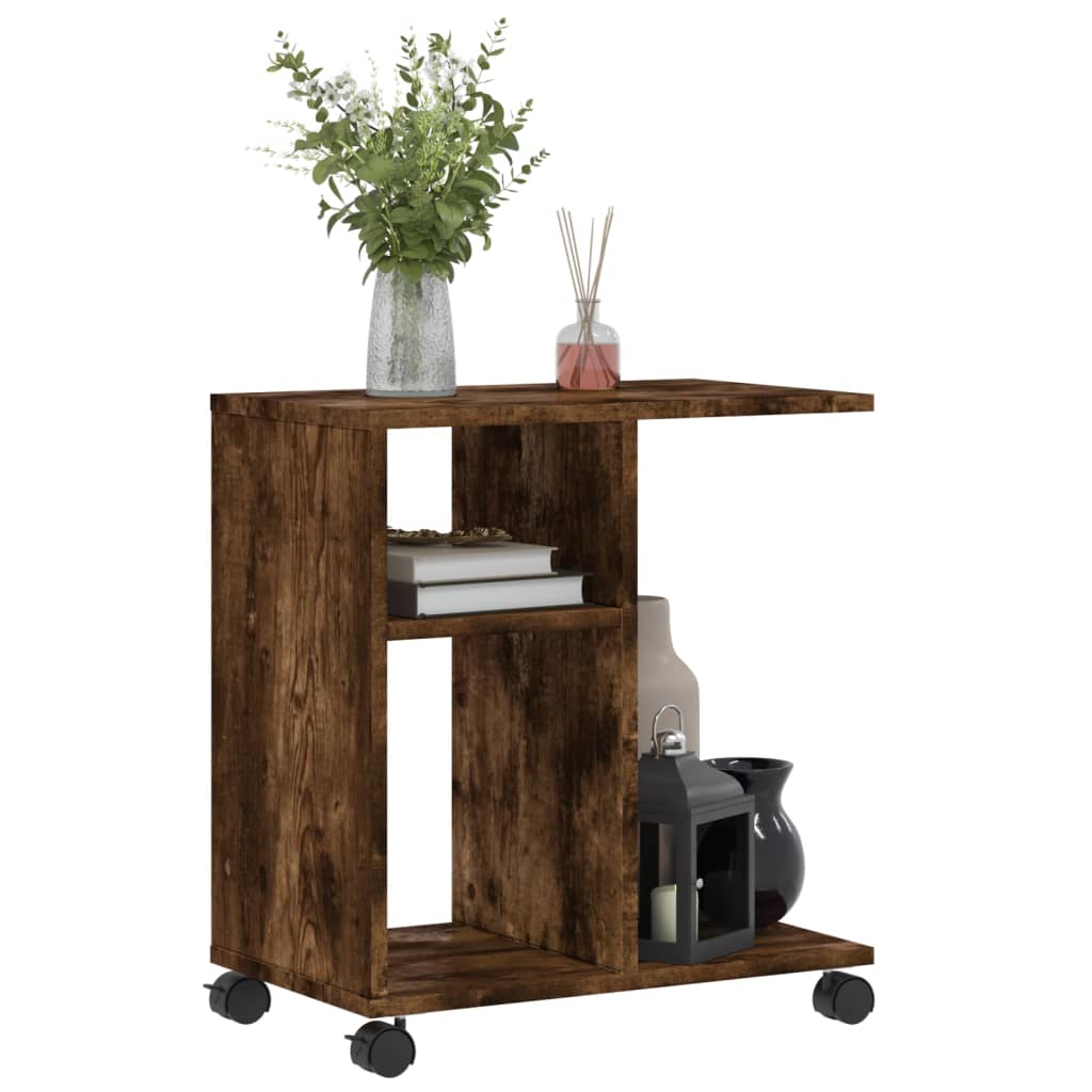 Bijzettafel met wieltjes 50x30x55 cm hout gerookt eikenkleurig is nu te koop bij PeponiXL, paradijselijk wonen!
