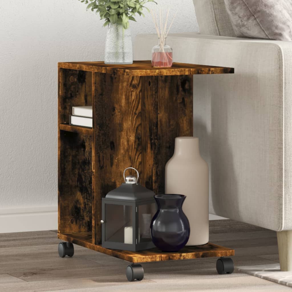 Bijzettafel met wieltjes 50x30x55 cm hout gerookt eikenkleurig is nu te koop bij PeponiXL, paradijselijk wonen!