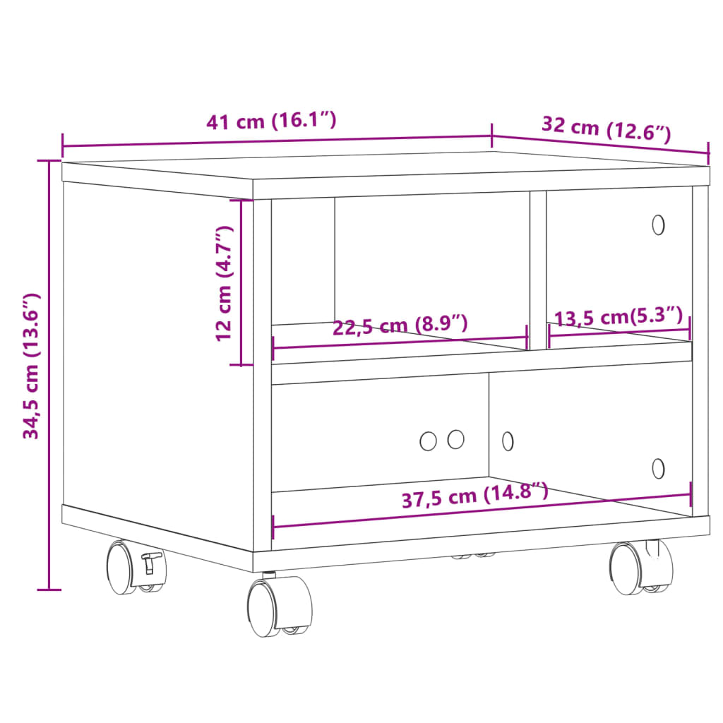 Printerkastje met wielen 41x32x34,5 cm grijs sonoma eikenkleur is nu te koop bij PeponiXL, paradijselijk wonen!