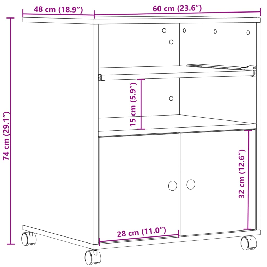 Printerkastje met wielen 60x48x74 cm sonoma eikenkleurig is nu te koop bij PeponiXL, paradijselijk wonen!