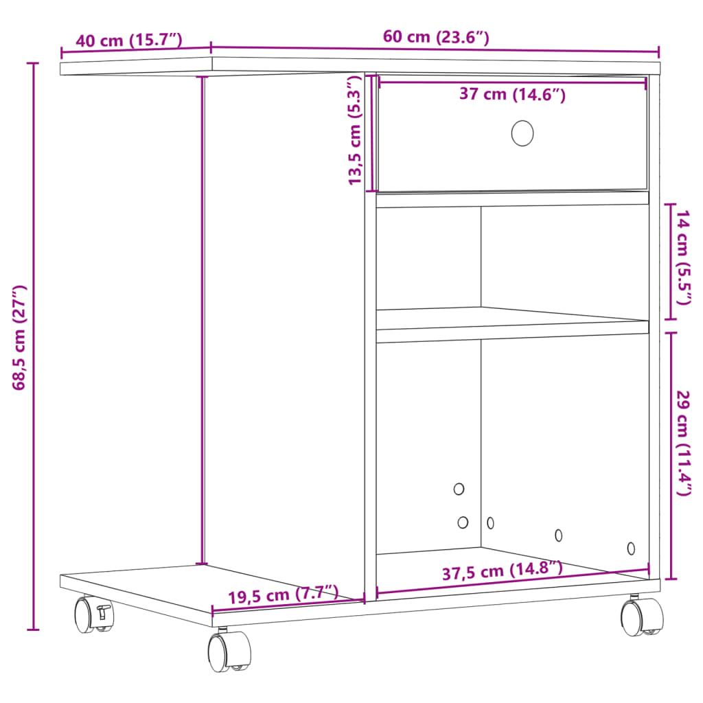 Printerkastje met wielen 60x40x68,5 cm gerookt eikenkleurig is nu te koop bij PeponiXL, paradijselijk wonen!