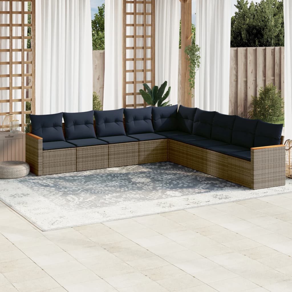 9-delige tuinbankset met kussens, grijs polyrotan is nu te koop bij PeponiXL, paradijselijk wonen!