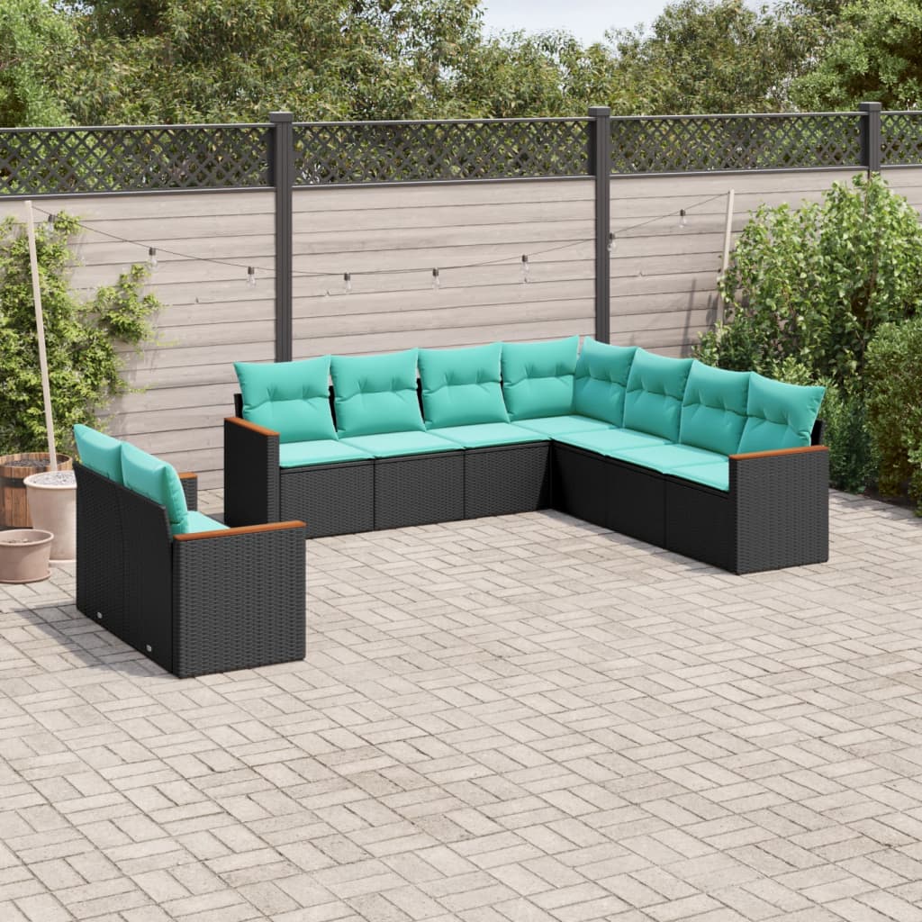 9-delige tuinbankset met kussens van zwart polyrotan is nu te koop bij PeponiXL, paradijselijk wonen!