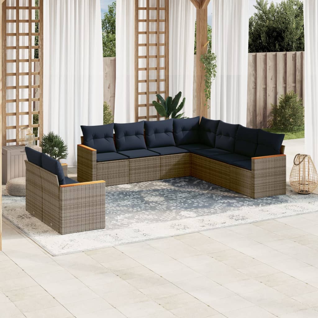 9-delige tuinbankset met kussens, grijs polyrotan is nu te koop bij PeponiXL, paradijselijk wonen!