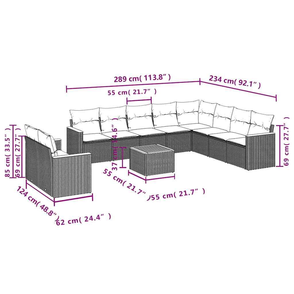 11-delige Loungeset met kussens poly rattan zwart