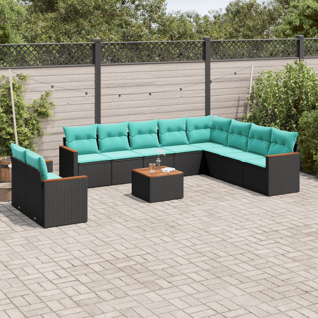 11-delige tuinbankset met kussens, zwart polyrotan is nu te koop bij PeponiXL, paradijselijk wonen!