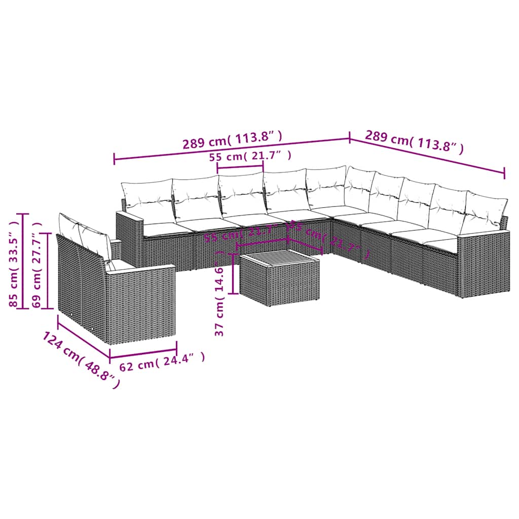 12-delige Loungeset met kussens poly rattan zwart