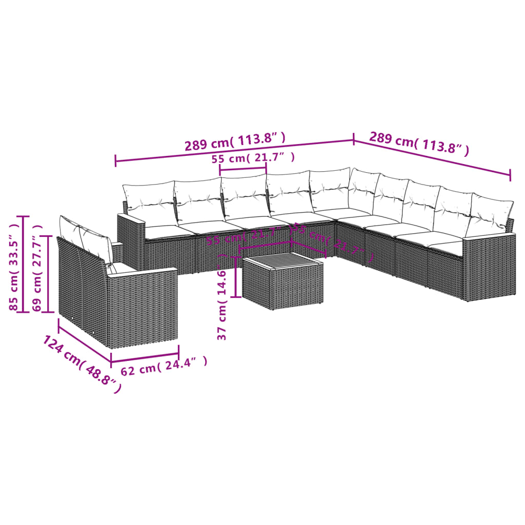 12-delige tuinbankset met kussens, grijs polyrotan is nu te koop bij PeponiXL, paradijselijk wonen!