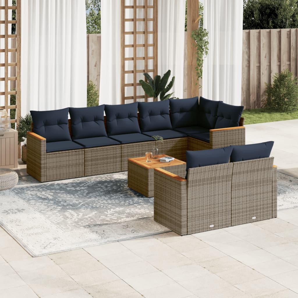 9-delige tuinbankset met kussens, grijs polyrotan is nu te koop bij PeponiXL, paradijselijk wonen!