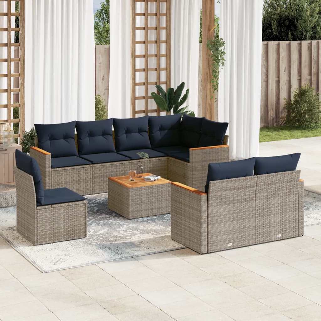 9-delige tuinbankset met kussens, grijs polyrotan is nu te koop bij PeponiXL, paradijselijk wonen!