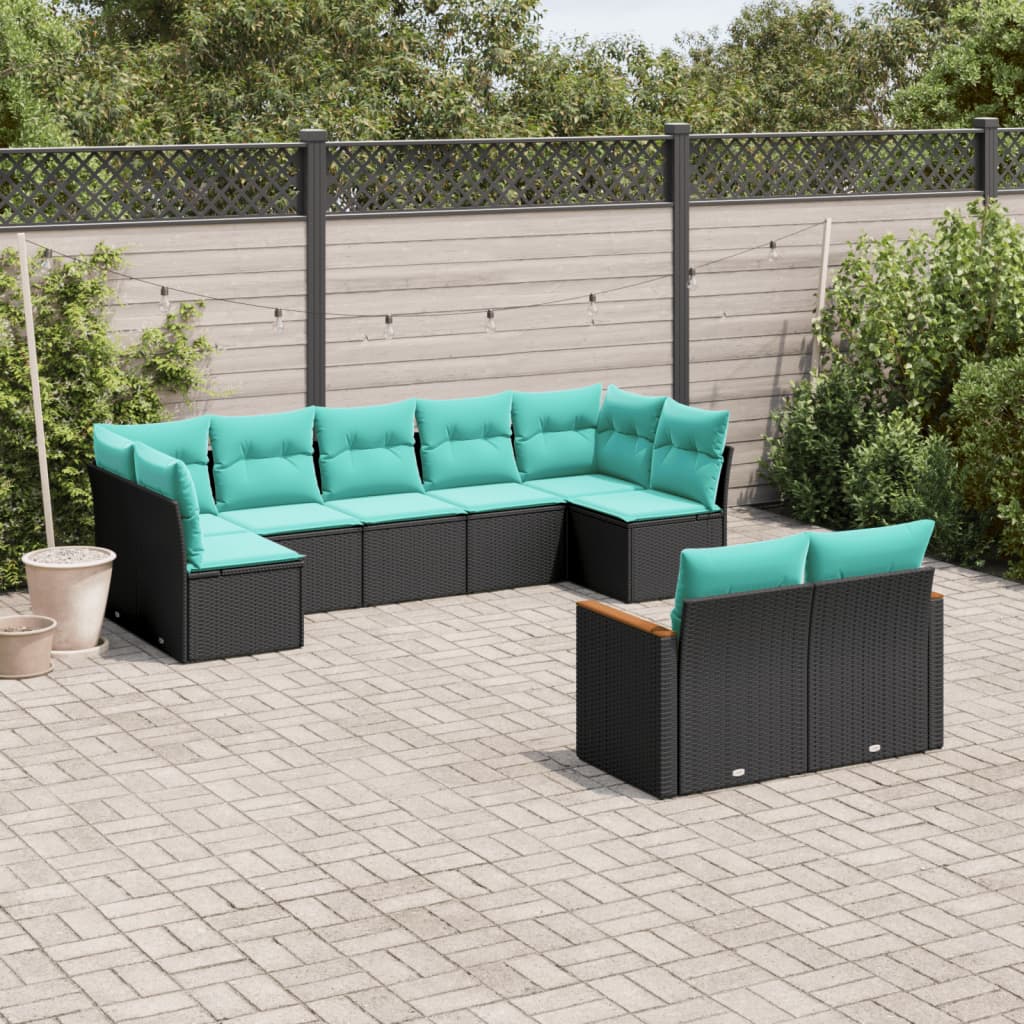 9-delige tuinbankset met kussens van zwart polyrotan is nu te koop bij PeponiXL, paradijselijk wonen!