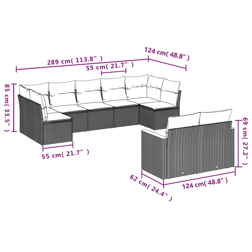 9-delige tuinbankset met kussens, grijs polyrotan is nu te koop bij PeponiXL, paradijselijk wonen!
