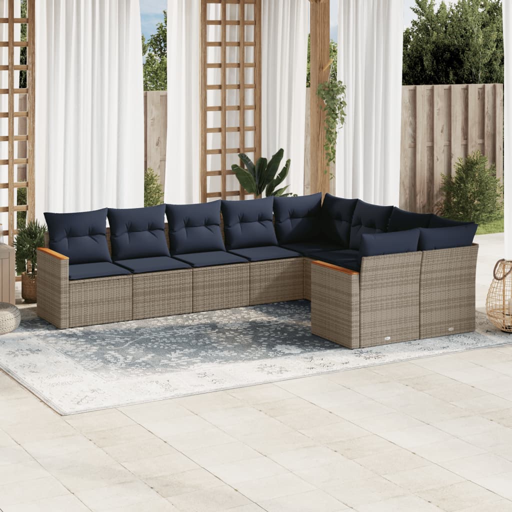 9-delige tuinbankset met kussens, grijs polyrotan is nu te koop bij PeponiXL, paradijselijk wonen!