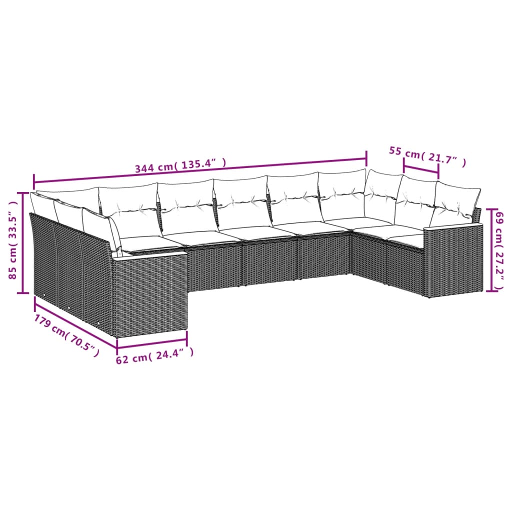 10-delige tuinbankset met kussens van zwart polyrotan is nu te koop bij PeponiXL, paradijselijk wonen!