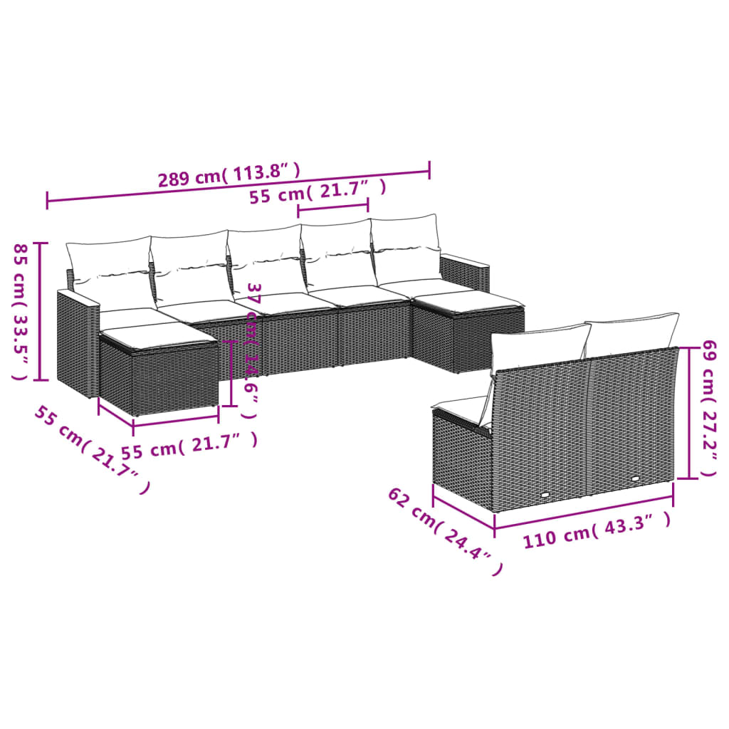 9-delige tuinbankset met kussens, grijs polyrotan is nu te koop bij PeponiXL, paradijselijk wonen!