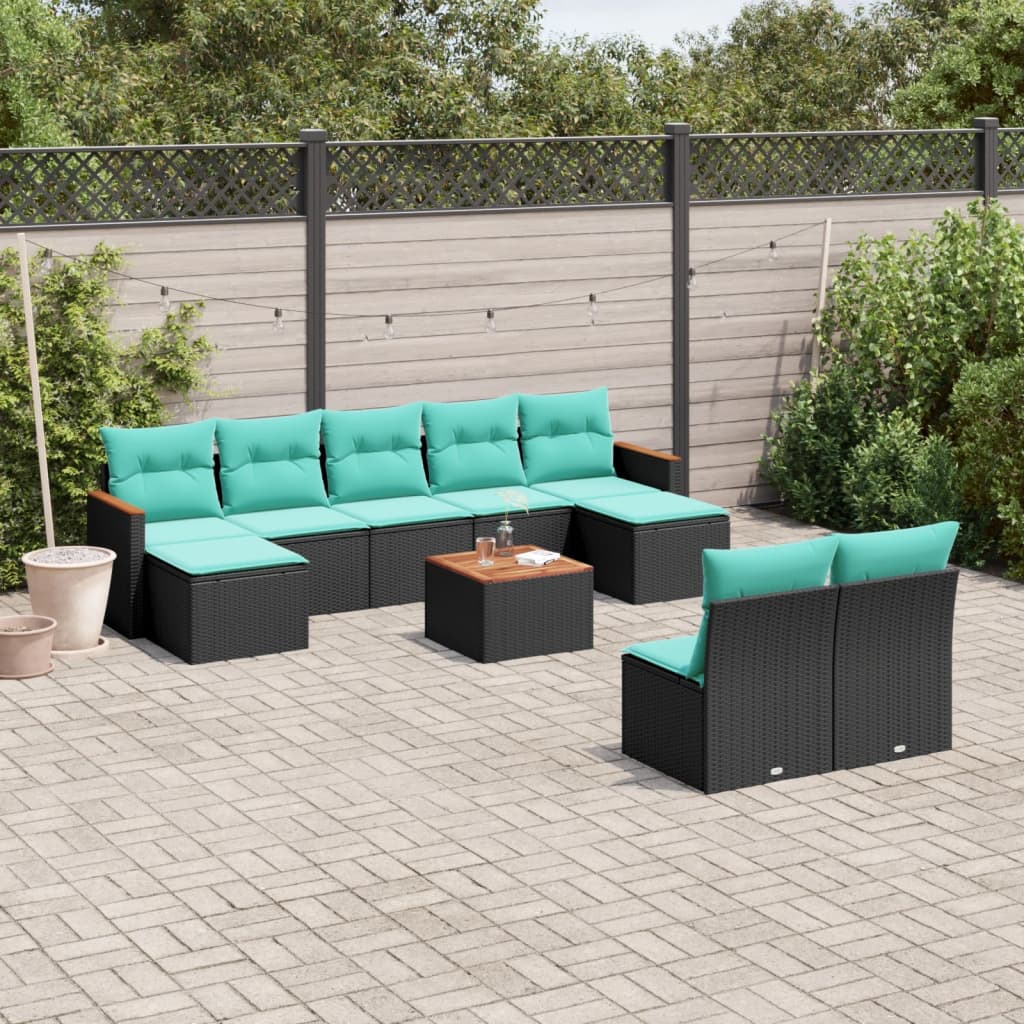 10-delige tuinbankset met kussens van zwart polyrotan is nu te koop bij PeponiXL, paradijselijk wonen!