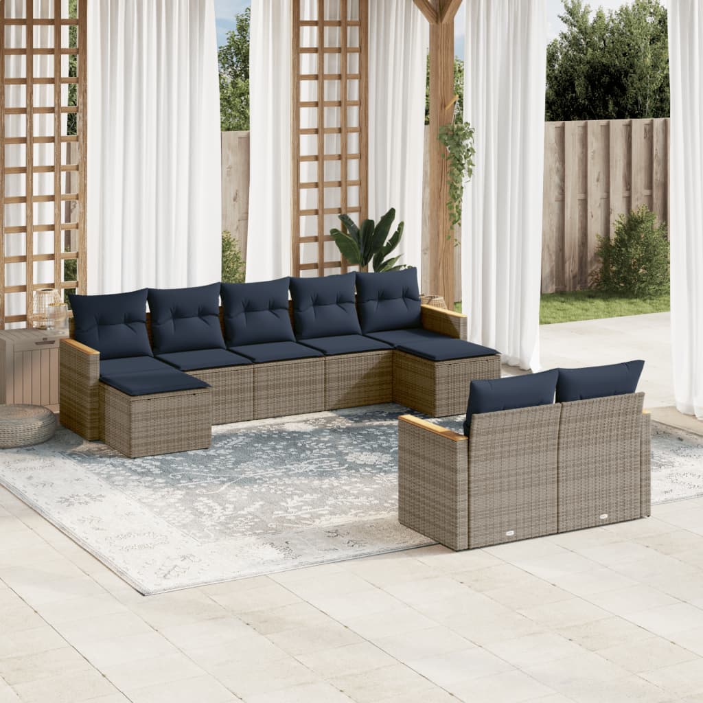 9-delige tuinbankset met kussens, grijs polyrotan is nu te koop bij PeponiXL, paradijselijk wonen!