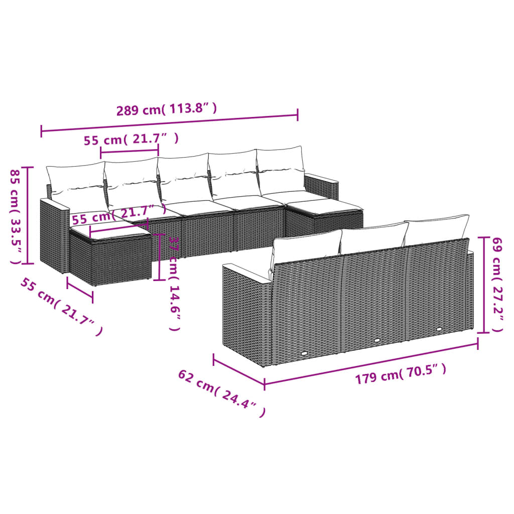 10-delige Loungeset met kussens poly rattan grijs is nu te koop bij PeponiXL, paradijselijk wonen!