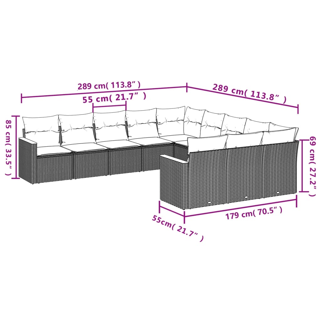 11-delige tuinbankset met kussens, grijs polyrotan is nu te koop bij PeponiXL, paradijselijk wonen!