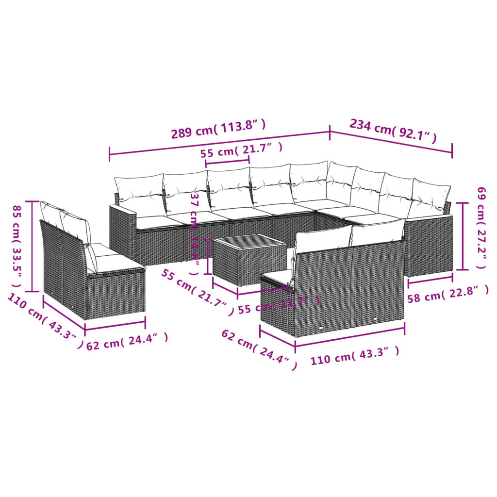 13-delige tuinbankset met kussens, grijs polyrotan is nu te koop bij PeponiXL, paradijselijk wonen!