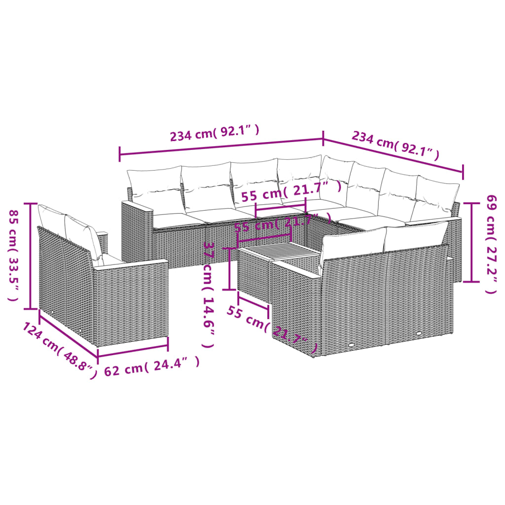 12-delige Loungeset met kussens poly rattan gemengd beige is nu te koop bij PeponiXL, paradijselijk wonen!
