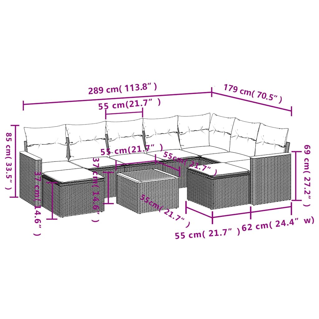 10-delige Loungeset met kussens poly rattan zwart