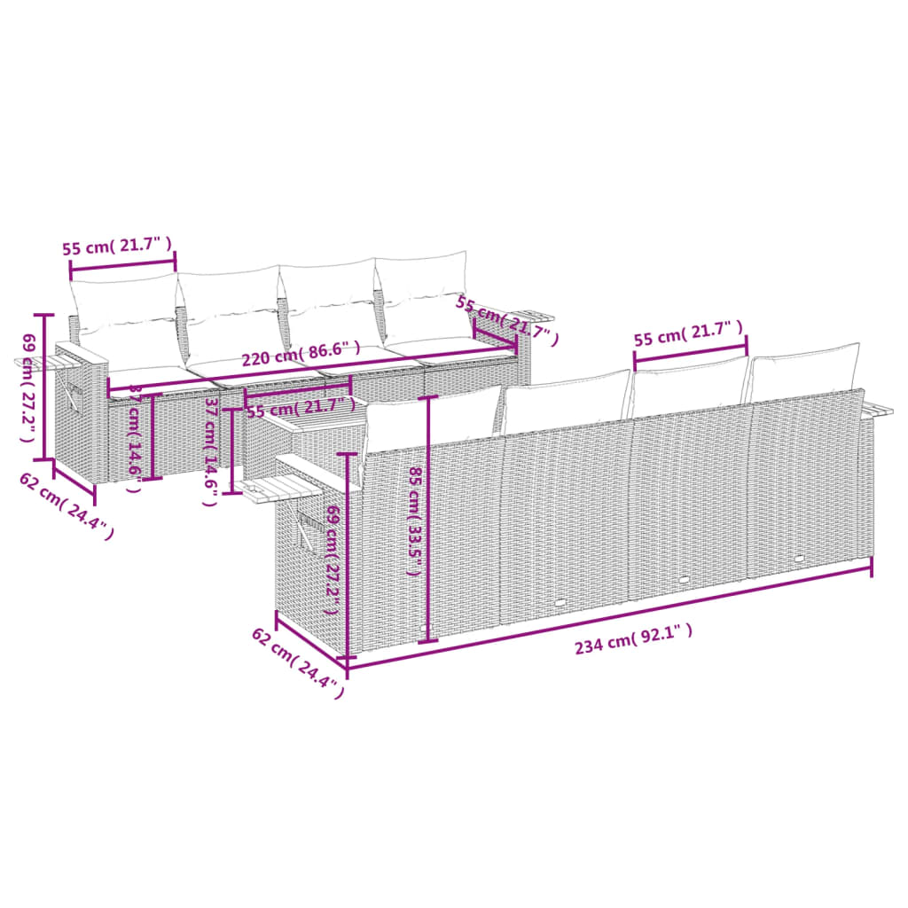 9-delige Loungeset met kussens poly rattan grijs is nu te koop bij PeponiXL, paradijselijk wonen!