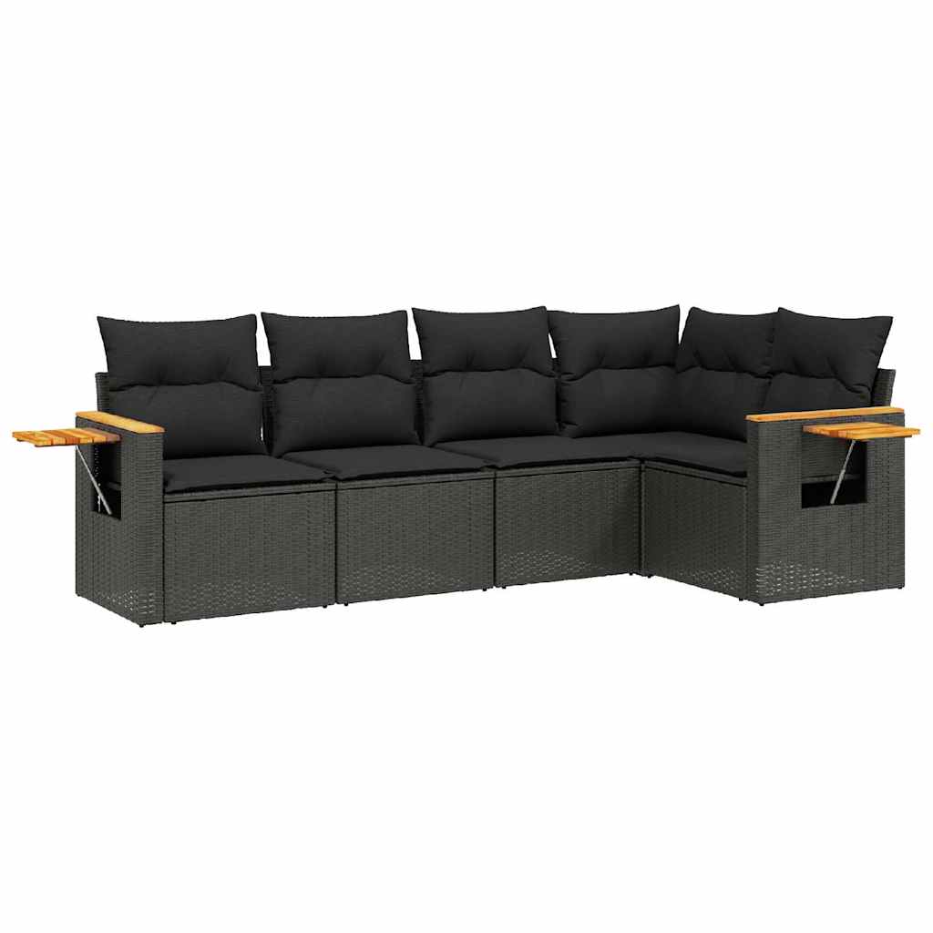 5-delige Loungeset met kussens poly rattan zwart