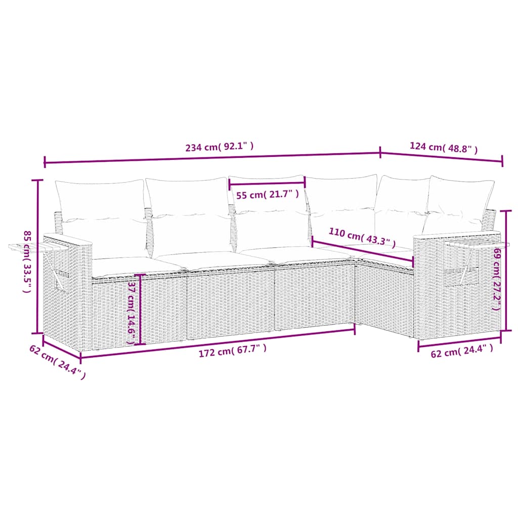 5-delige Loungeset met kussens poly rattan zwart