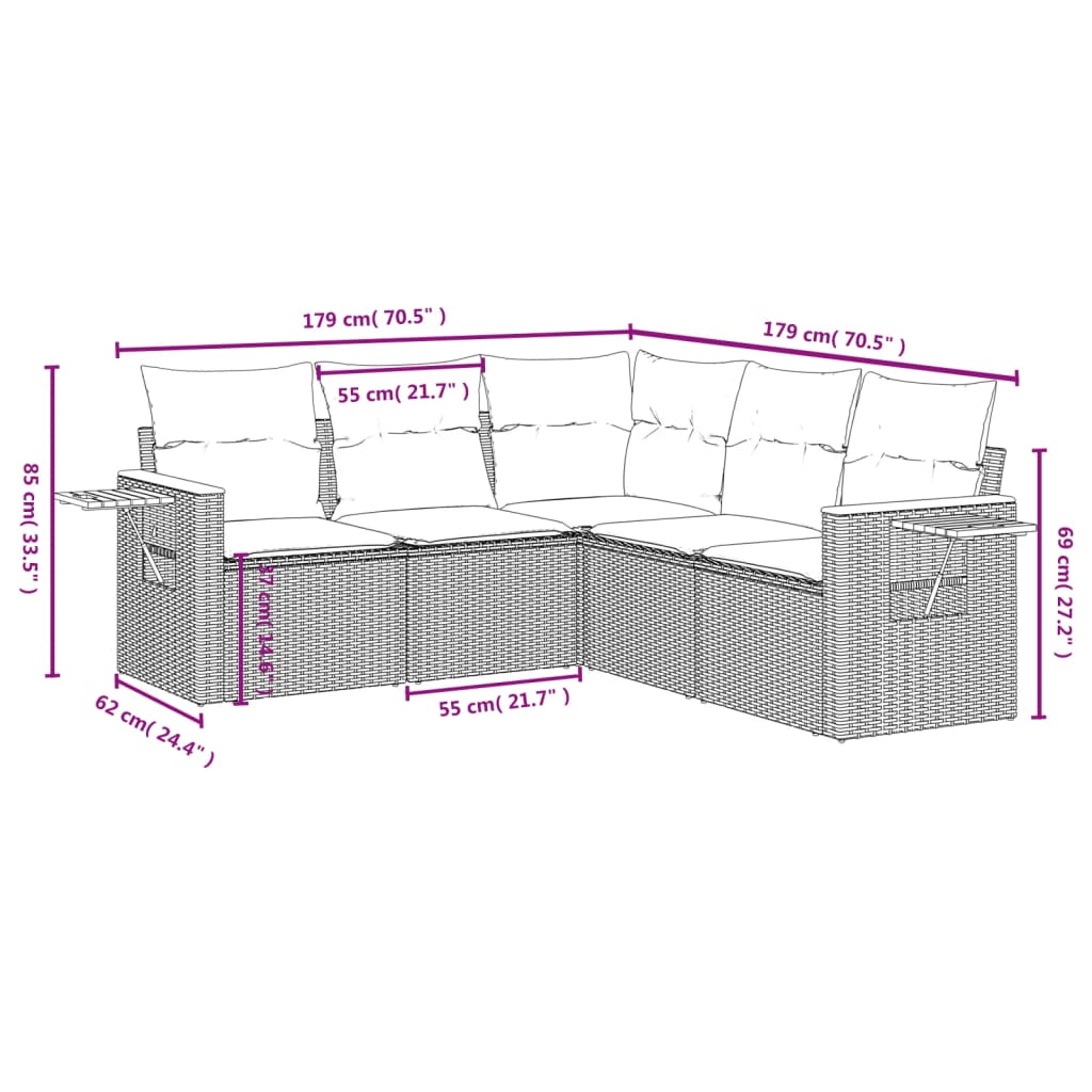 5-delige Loungeset met kussens poly rattan grijs is nu te koop bij PeponiXL, paradijselijk wonen!