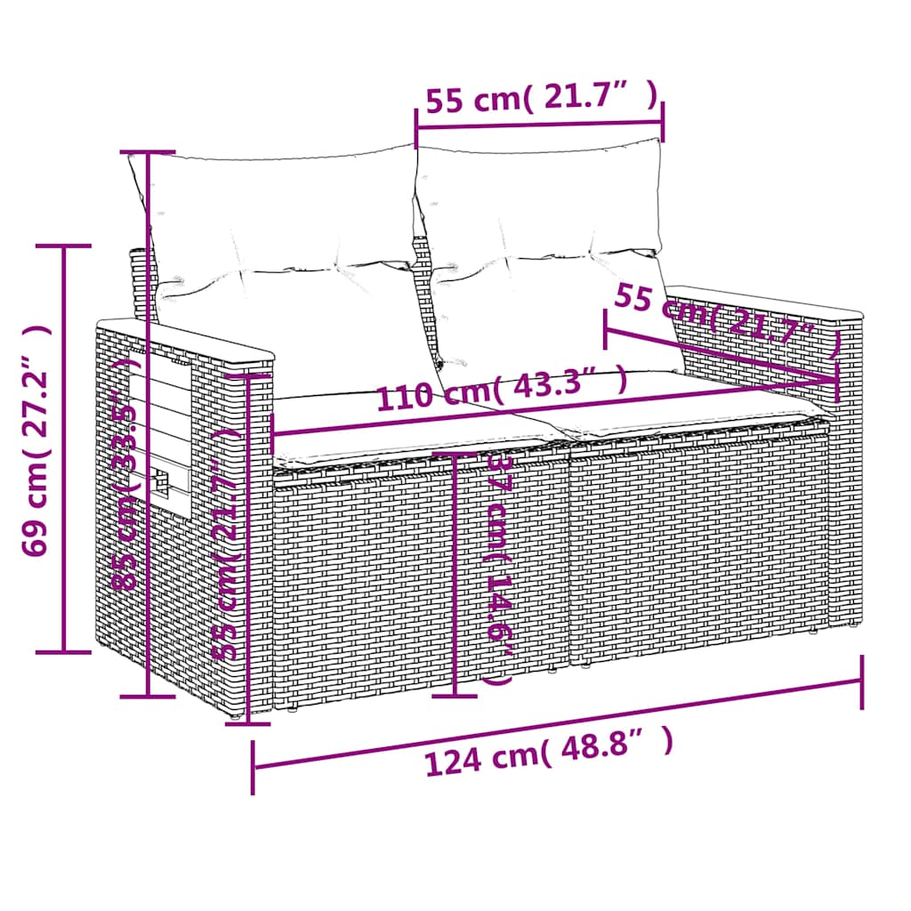 6-delige Loungeset met kussens poly rattan zwart