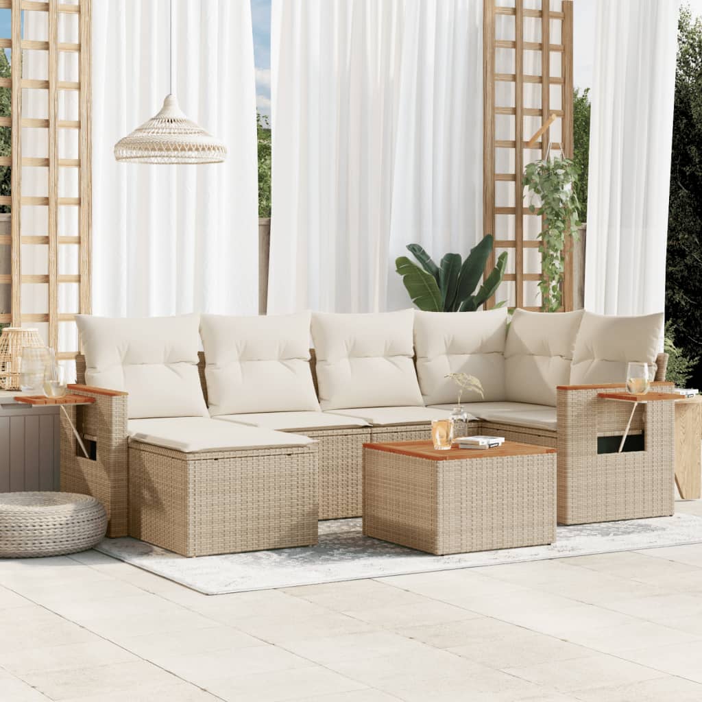 7-delige Loungeset met kussens poly rattan beige
