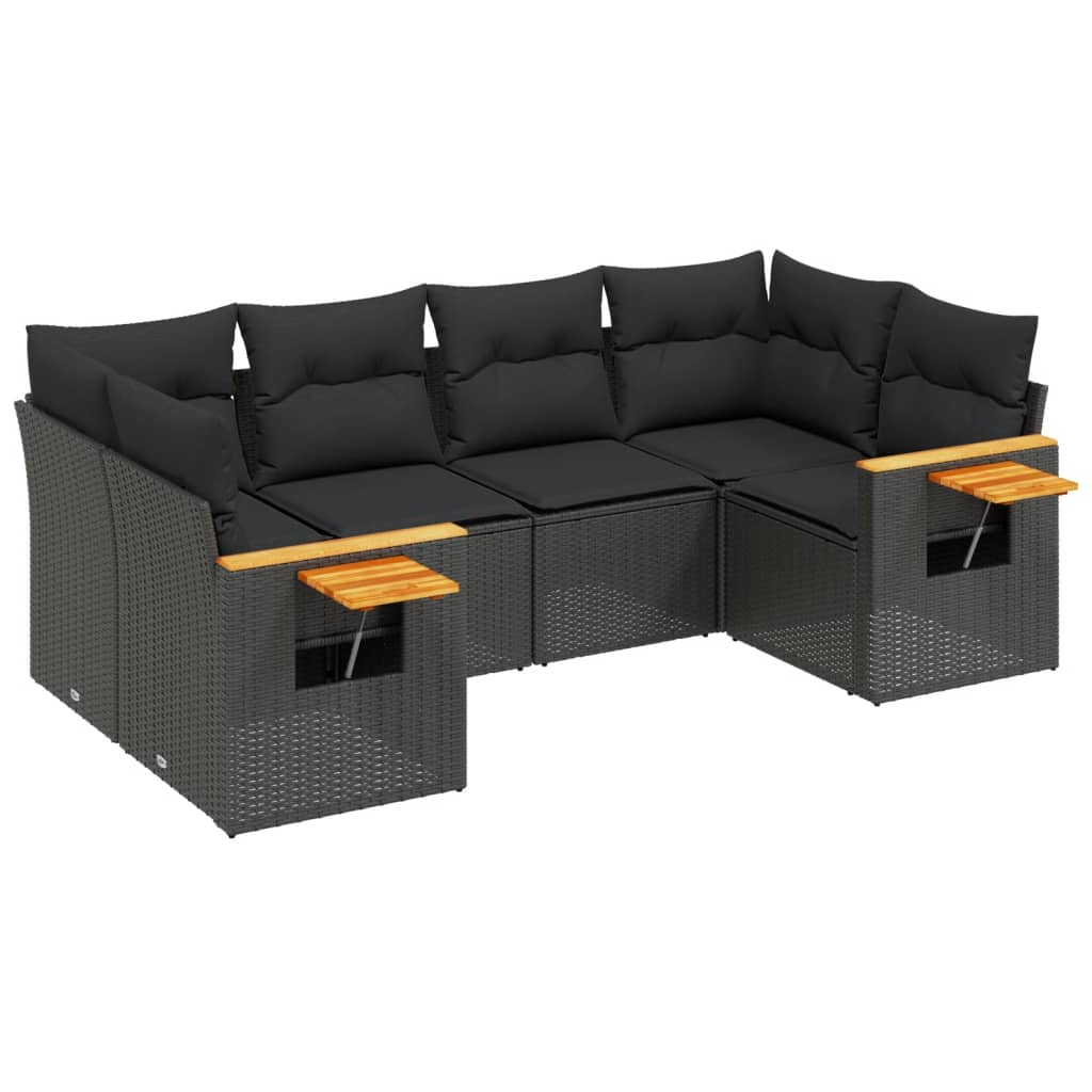 6-delige Loungeset met kussens poly rattan zwart