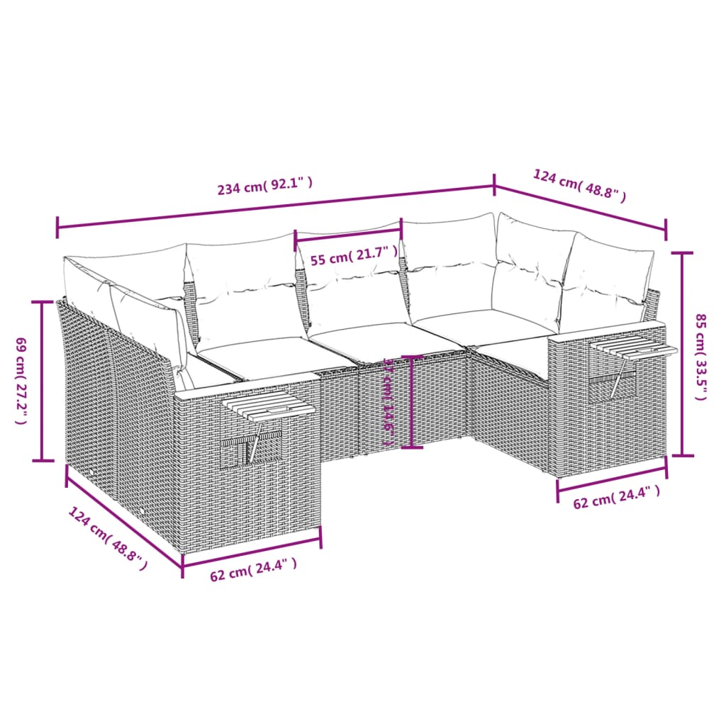 6-delige Loungeset met kussens poly rattan grijs