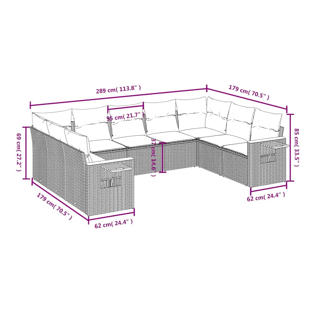 9-delige Loungeset met kussens poly rattan zwart