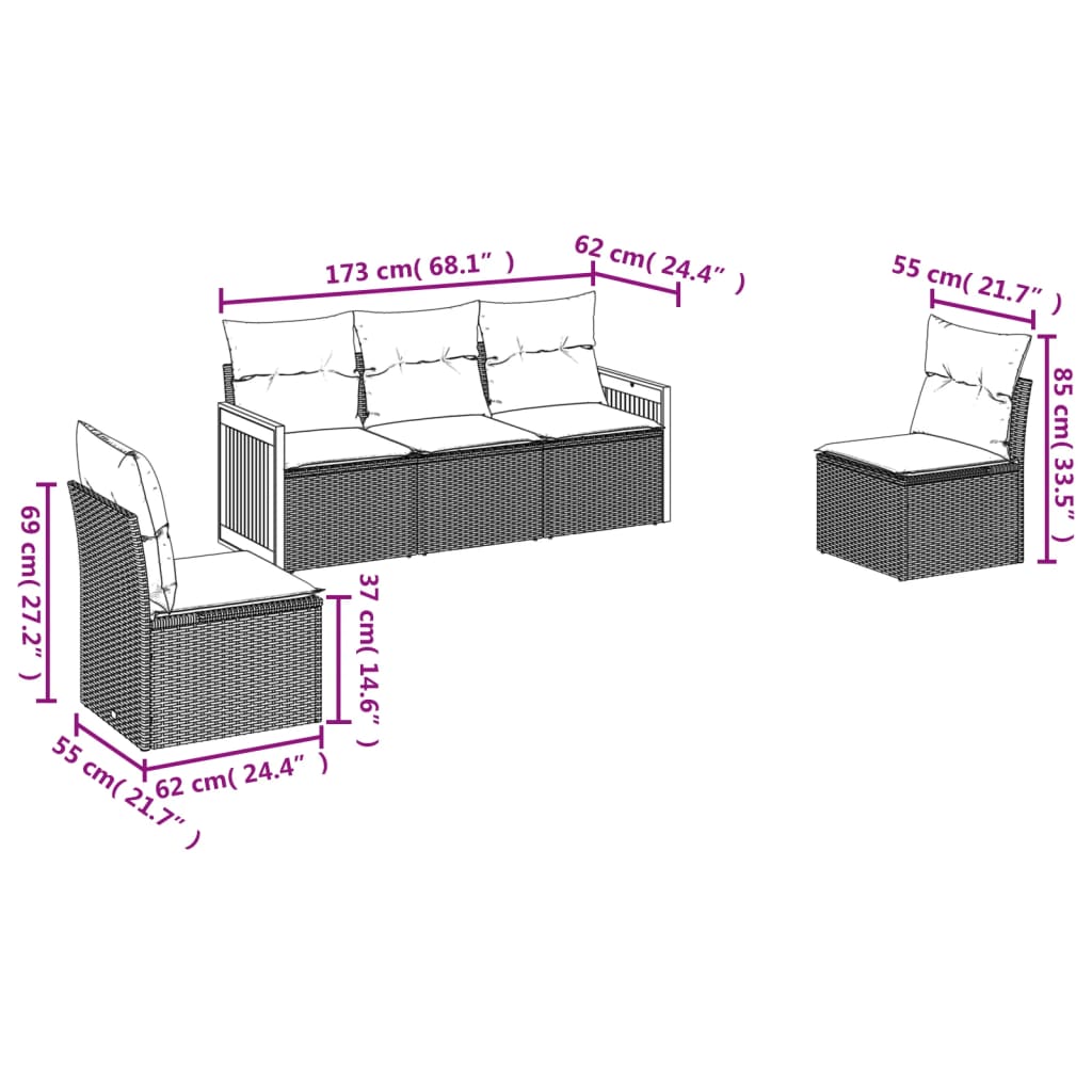 5-delige tuinbankset met kussens van zwart polyrotan is nu te koop bij PeponiXL, paradijselijk wonen!