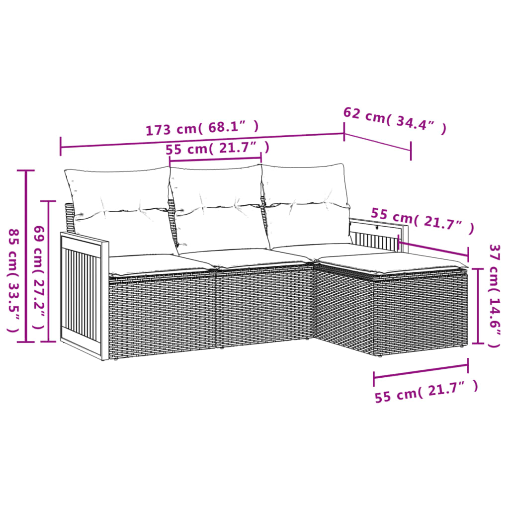 4-delige tuinbankset met kussens, grijs polyrotan is nu te koop bij PeponiXL, paradijselijk wonen!