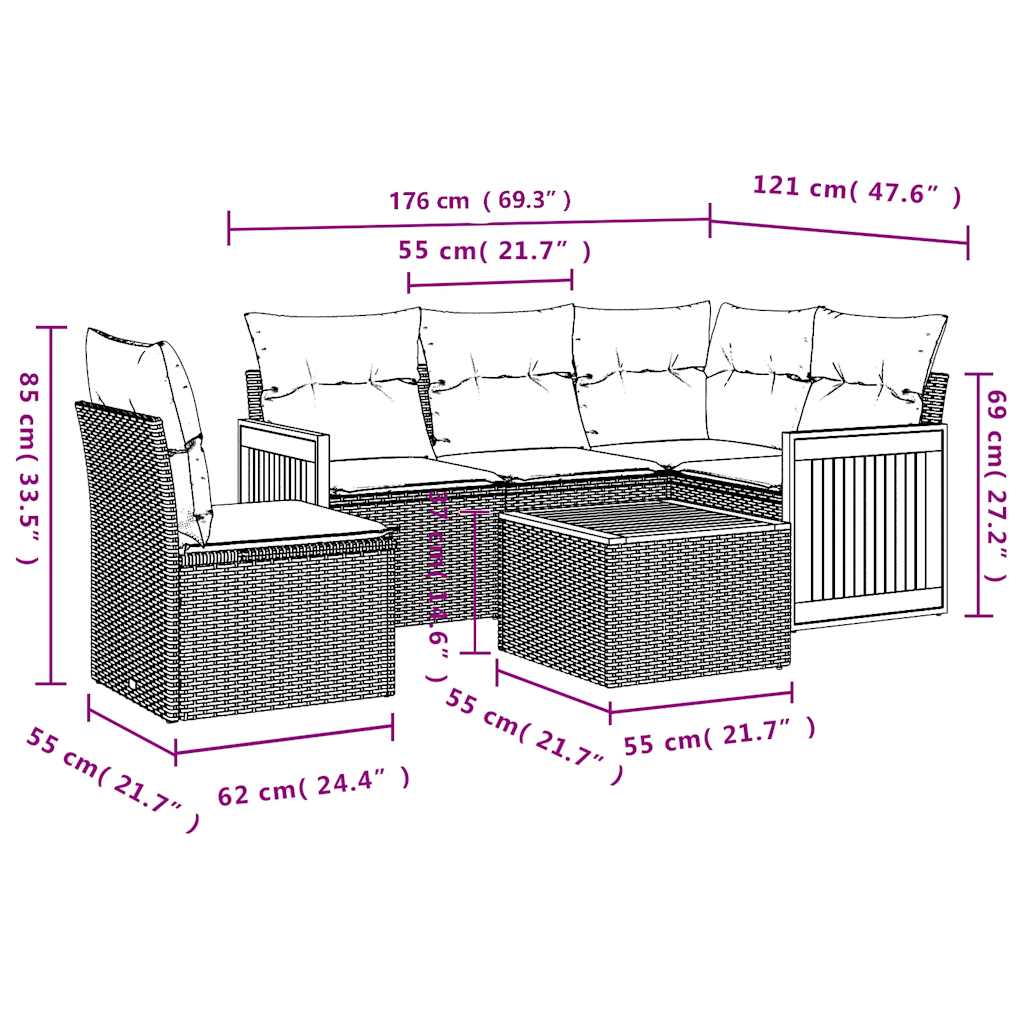 6-delige Loungeset met kussens poly rattan zwart