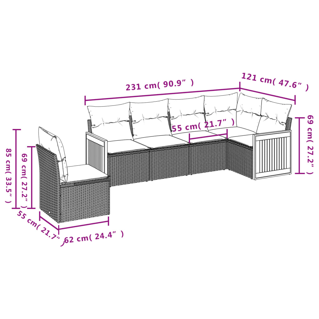 6-delige tuinbankset met kussens van zwart polyrotan is nu te koop bij PeponiXL, paradijselijk wonen!