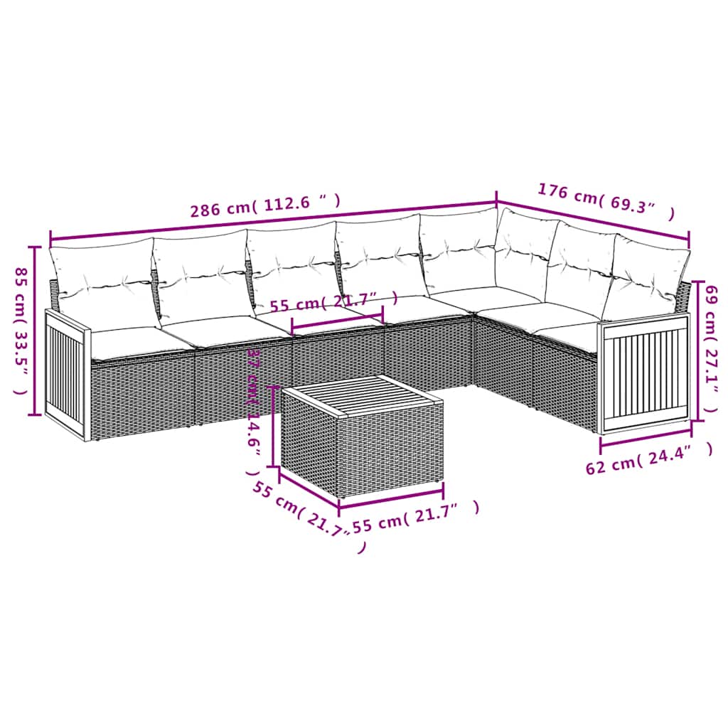 8-delige Loungeset met kussens poly rattan zwart