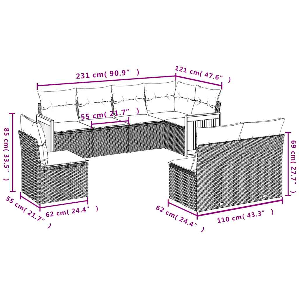 8-delige Loungeset met kussens poly rattan zwart