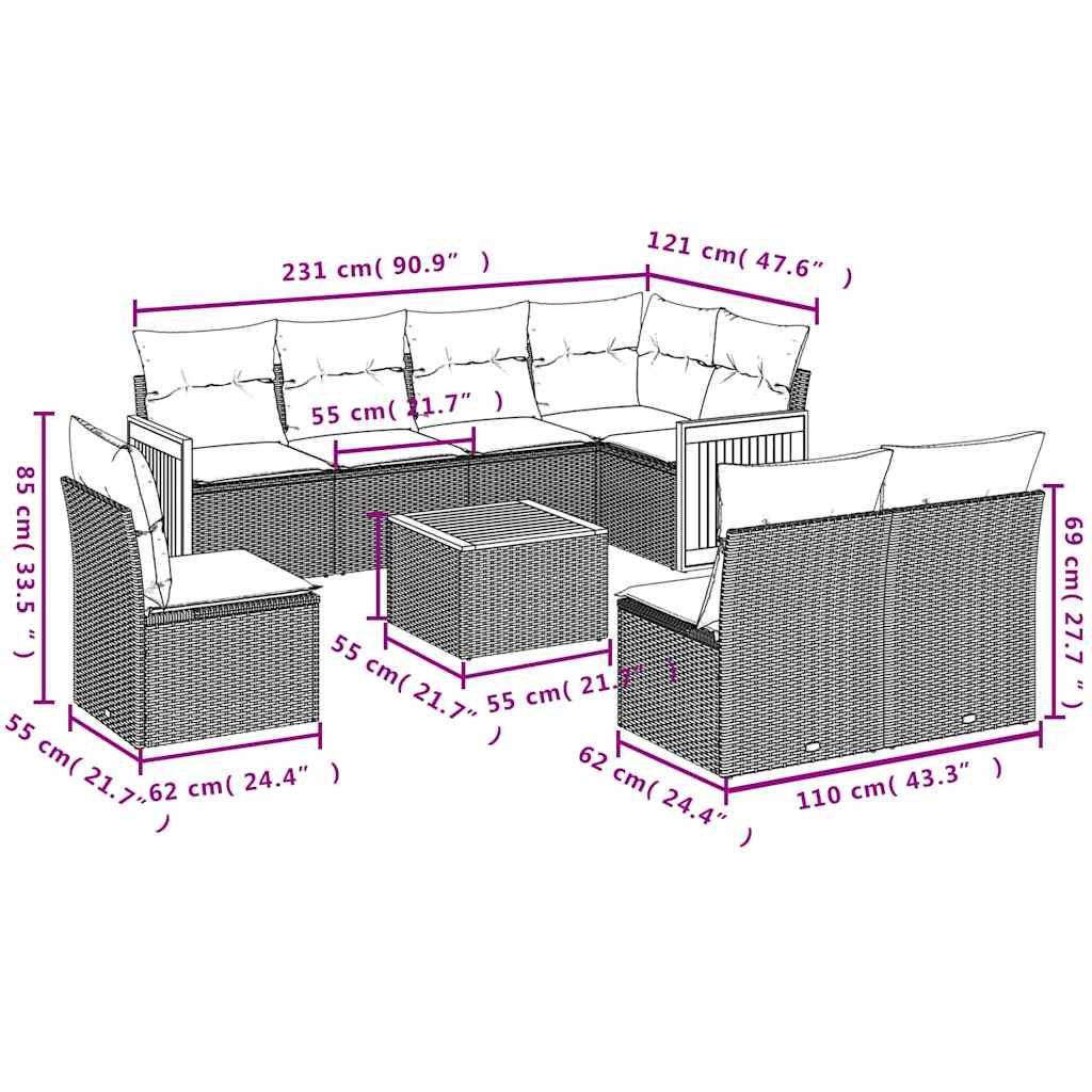 9-delige Loungeset met kussens poly rattan zwart