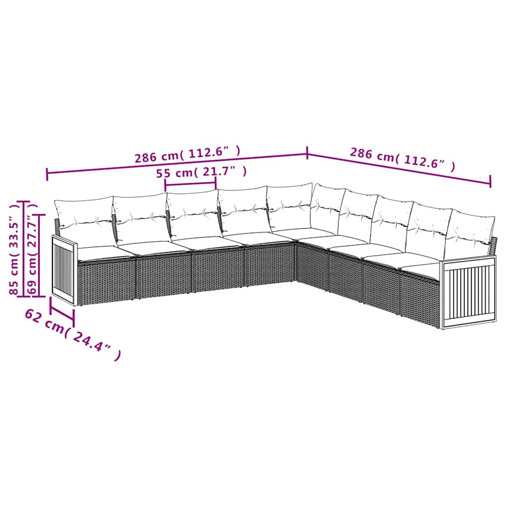 9-delige Loungeset met kussens poly rattan zwart