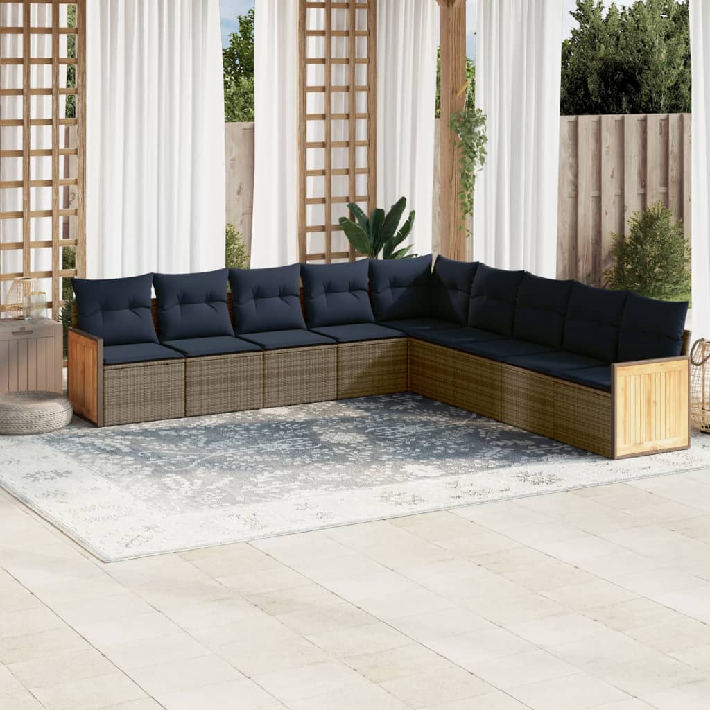 9-delige tuinbankset met kussens, grijs polyrotan is nu te koop bij PeponiXL, paradijselijk wonen!