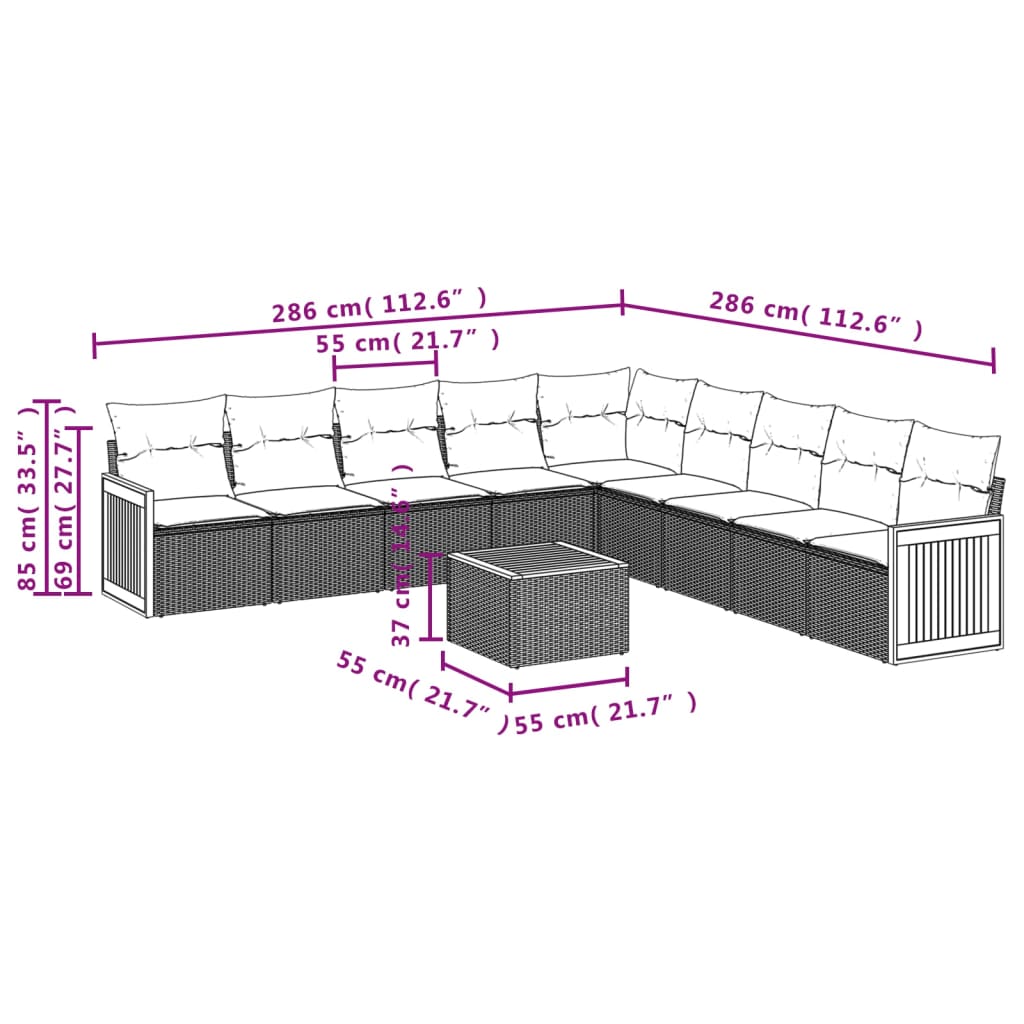 10-delige Loungeset met kussens poly rattan grijs is nu te koop bij PeponiXL, paradijselijk wonen!