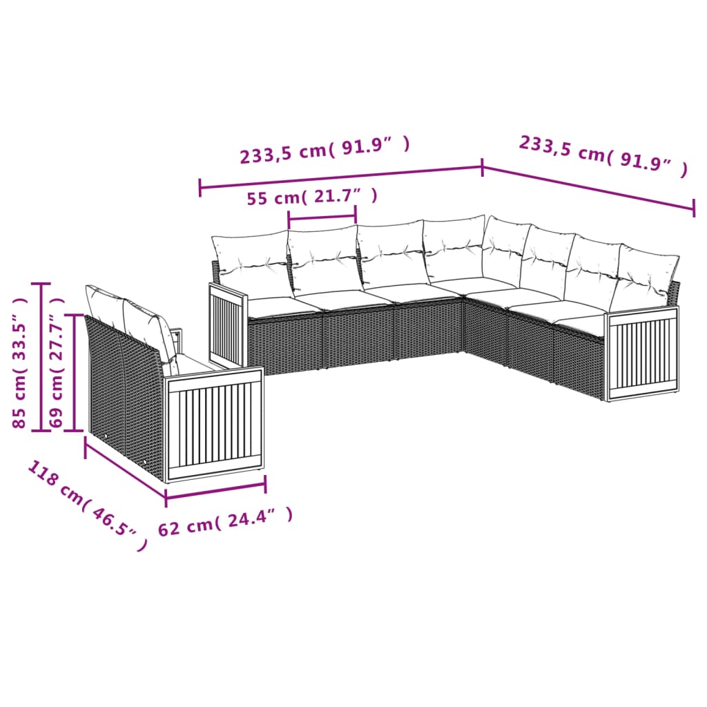 9-delige tuinbankset met kussens, grijs polyrotan is nu te koop bij PeponiXL, paradijselijk wonen!