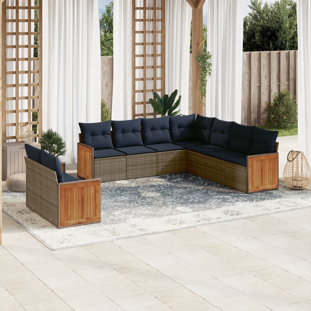 9-delige tuinbankset met kussens, grijs polyrotan is nu te koop bij PeponiXL, paradijselijk wonen!