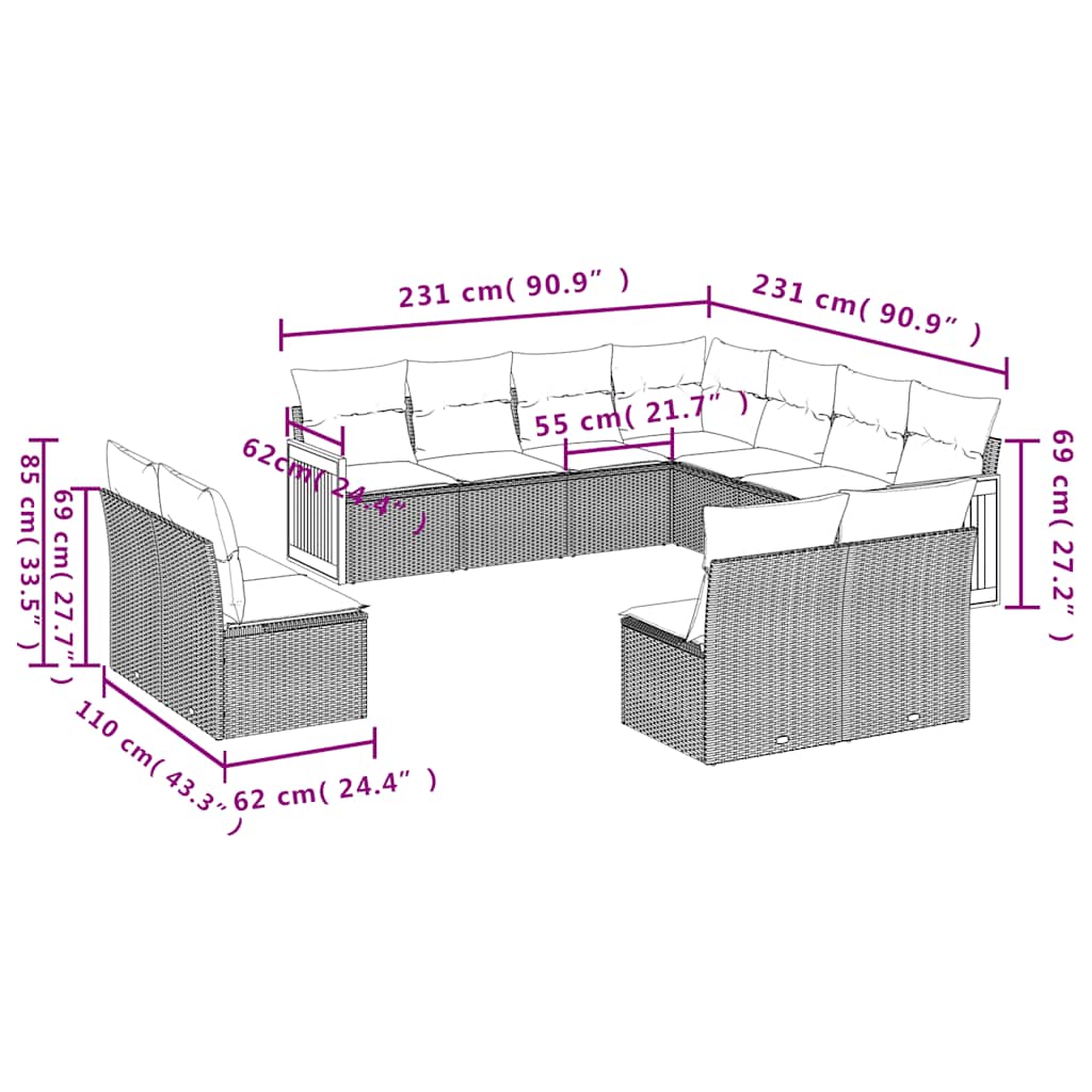 10-delige tuinbankset met kussens, grijs polyrotan is nu te koop bij PeponiXL, paradijselijk wonen!