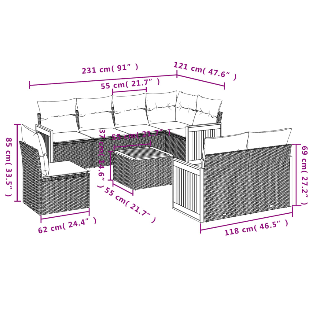 9-delige Loungeset met kussens poly rattan grijs is nu te koop bij PeponiXL, paradijselijk wonen!